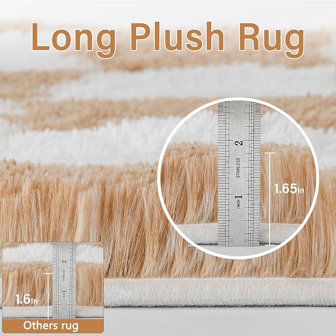 Brown Area Rug 6x9 for Living Room Soft Checkered Shag Carpet | Machine Washable - Image 2