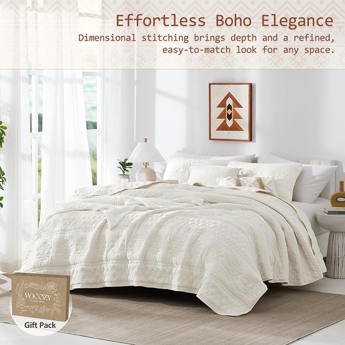 WDCOZY Boho Ivory Quilt King Size Bedding Sets - Image 2