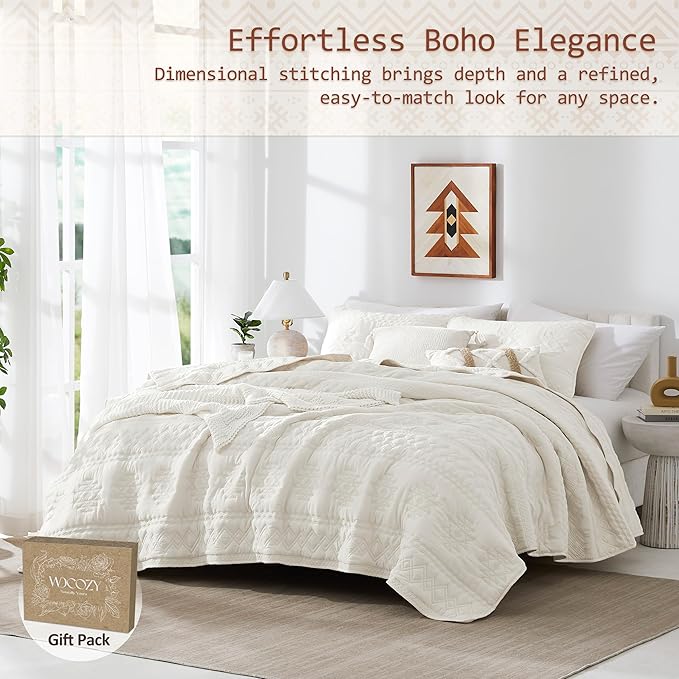 WDCOZY Boho Ivory Quilts Queen Size Bedding Sets - Image 2