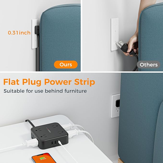 Long Extension Cord 25 FT, TESSAN Ultra Thin Flat Plug Power Strip Surge Protector with 8 AC Outlets, 3 USB Charger(1 USB C), 900J Protection Black Charging Station for Home, Office, Dorm Essentials