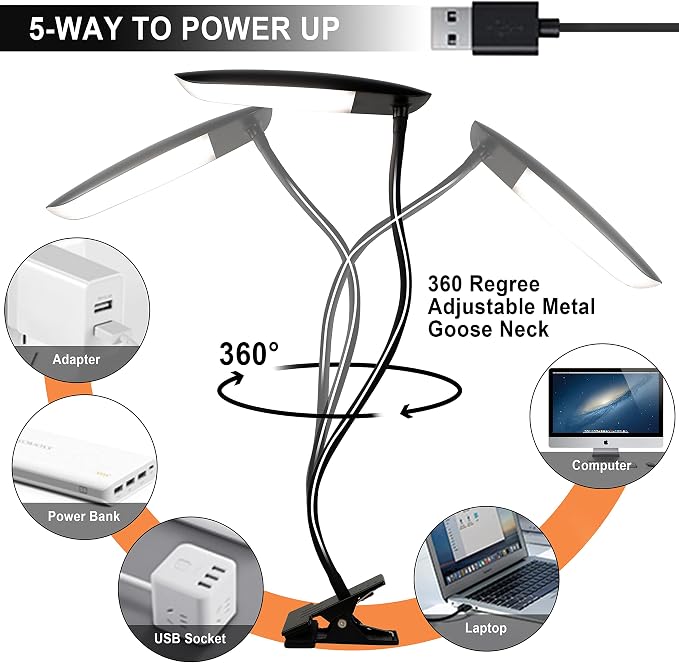 LiFMIRA Clip on Lamp USB Reading Light 3 Color Modes 3000-6000K 8W 40 LED | - Image 7