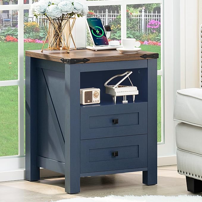 Joaxswe Nightstand with Charging Station, Farmhouse Night Stand with 2 Drawers by Joaxswe