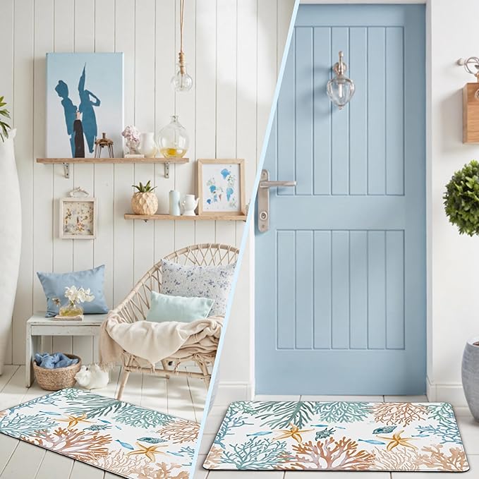 Kitchen Mats for Floor Cushioned Anti Fatigue Sets of 2 Coastal Kitchen Rugs Non Slip Waterproof Nautical Foam Kitchen Floor Rug Beach Theme Coral Fish Comfort Standing Mat for Sink Laundry, Teal
