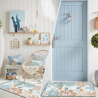Kitchen Mats for Floor Cushioned Anti Fatigue Sets of 2 Coastal Kitchen Rugs Non Slip Waterproof Nautical Foam Kitchen Floor Rug Beach Theme Coral Fish Comfort Standing Mat for Sink Laundry, Teal