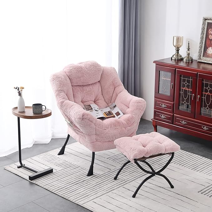 Lazy Chair with Ottoman, Comfy Accent Reading Chair, Plush Pink | Foldable - Image 5