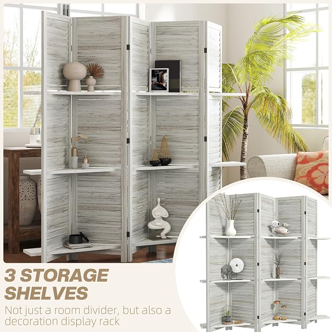 HOMCOM Room Divider with Shelves, 5 Panel, Distressed White | Wood Privacy - Image 3