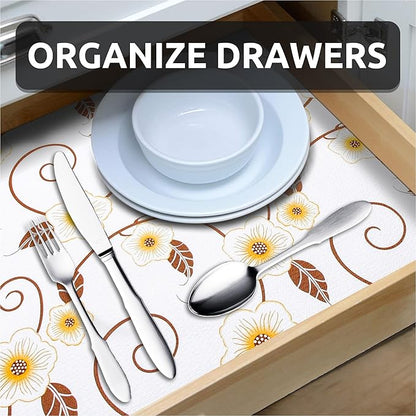 RAY STAR 12X120 Inch Shelf Liner for Kitchen Cabinets, Non-Adhesive Cabinet Liner Washable, PVC Drawer Liner for Dresser Non-Slip Bathroom (Yellow Flower)(5 Roll)