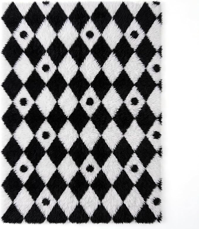 Checkered Rug 4x6 for Kids Room Black and White Soft Shag Rugs | Machine - Image 7