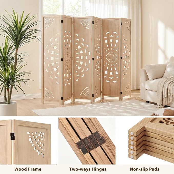 6 Panel Room dividers, 66.9" Boho Double-Sided Carved Screen, Natural | - Image 7