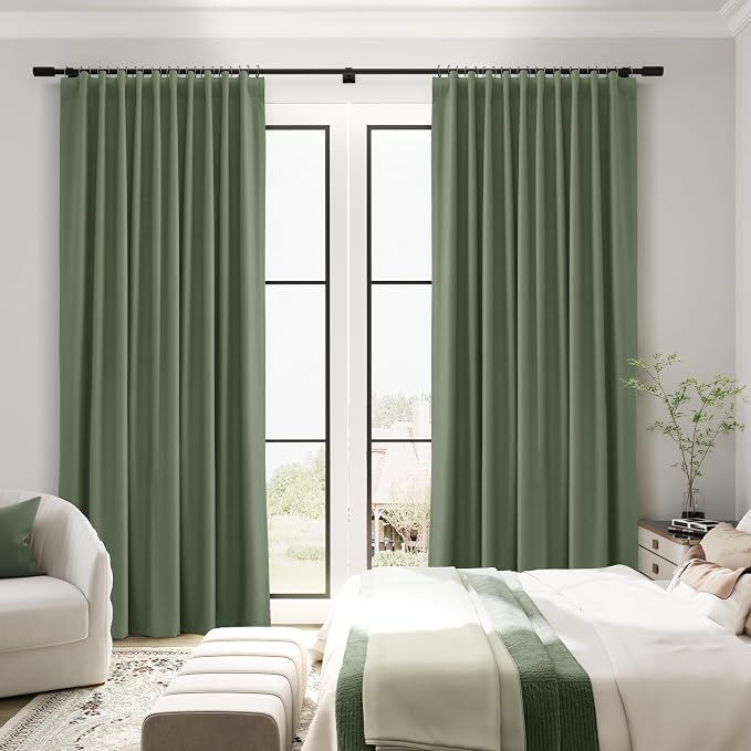 Olive Green Linen 100% Blackout Curtains 72 Inches Long Back Tab Funky Textured - Image 6