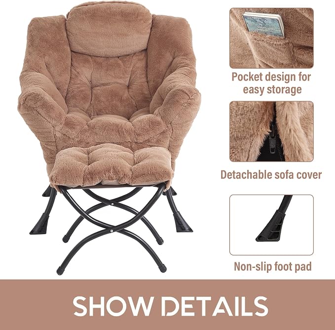 Lazy Chair with Ottoman, Comfy Accent Reading Chair, Plush Brown | Foldable - Image 6