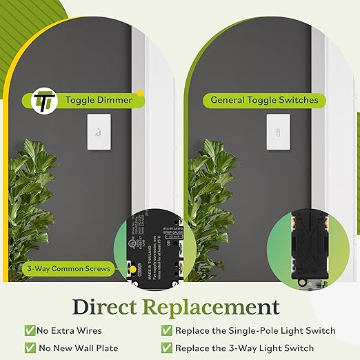 TG Digital Toggle Dimmer Light Switch for Dimmable LED, CFL and Incandescent Light Bulbs, Single Pole/ 3-Way, Wall Plate Included, UL Listed, 2 Pack, White