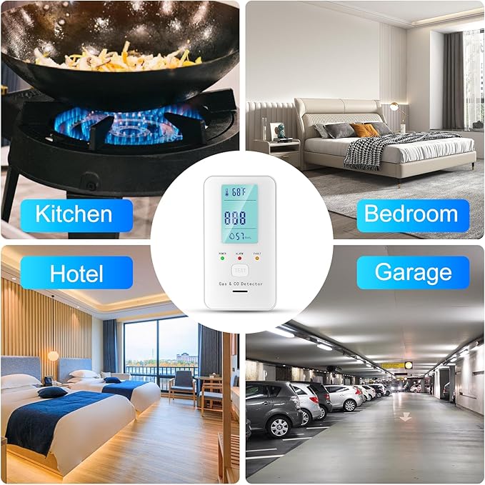 4in1 Combustible Natural Gas & Carbon Monoxide Detector, CO Leak Detector Home Air Quality Monitor with Digital Display for Temperature and Humidity, Kitchen & RV Alarm