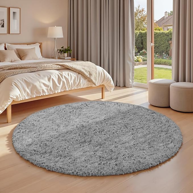 Light Gray Round Fluffy Rug 6ft Plush Fuzzy Shaggy Carpet | Soft Rugs - Image 2