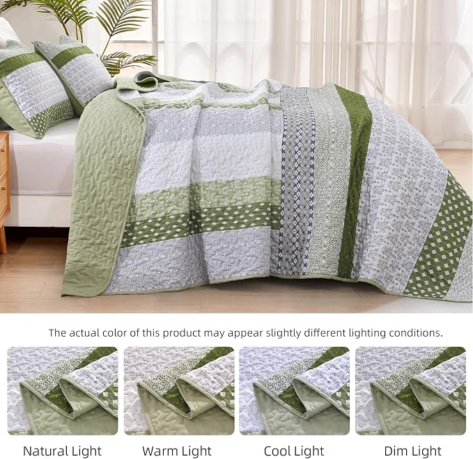WONGS BEDDING Quilt Queen Size Olive Green, Bohemian Stripe Bedspread | 3 - Image 9