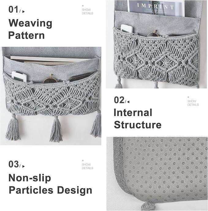 Mkono Macrame Armchair Caddy, Boho Couch Armrest Organizer, 4 Pockets Grey | - Image 4