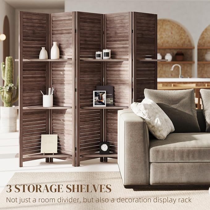 HOMCOM Room Divider 5 Panel 67" Tall Wood Privacy Screen Walnut | 3 Display - Image 3