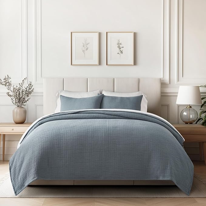 EVERGRACEHOME Cotton Gauze Matelassé Coverlet, Queen Size, Dusty Blue | Ultra by EVERGRACEHOME