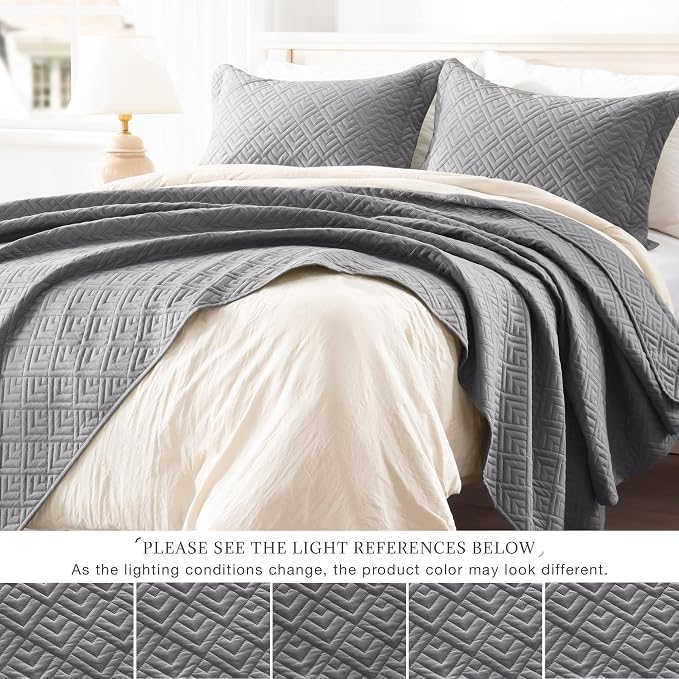 EXQ Home King Size Quilt Set Squares Pattern Bedding Set Lightweight Grey | - Image 3