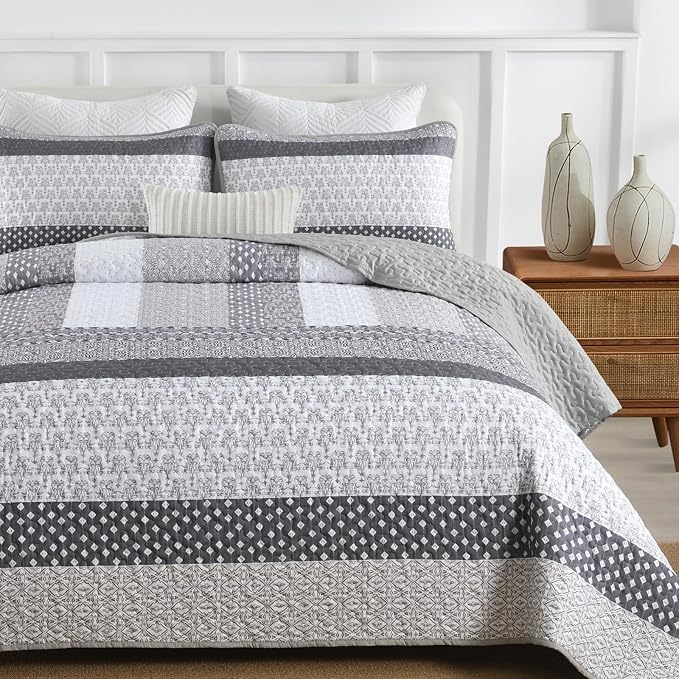 WONGS BEDDING Grey Queen Size Quilt Set, Boho Striped Patchwork Bedspread | 3 - Image 9