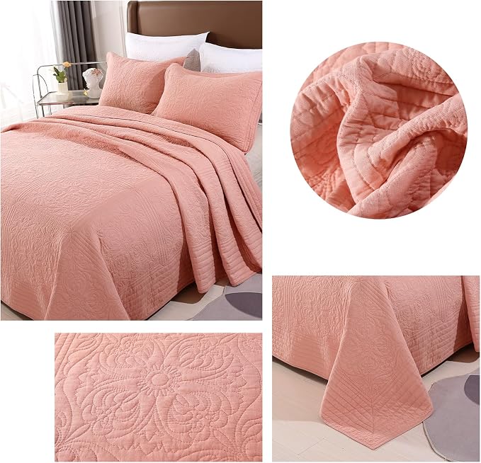 ROOMLIFE Quilt Set Queen Size 3D Floral Embroidery Pattern 3-Piece Cotton - Image 4