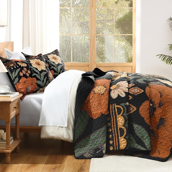 California King Quilt, Cal King Oversized Black Floral Bedspread | 3 Pieces - Image 4