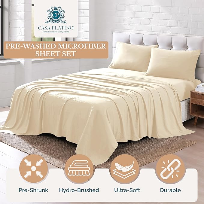 Casa Platino King Size Bed Sheets – 4 Piece Set, Pre-Washed Ultra Soft Fabric, Cozy Fit, Fade Resistant, Deep Pocket King Sheet Set, Microfiber Sheets with Enhanced Comfort & Long-Lasting Feel - Ivory