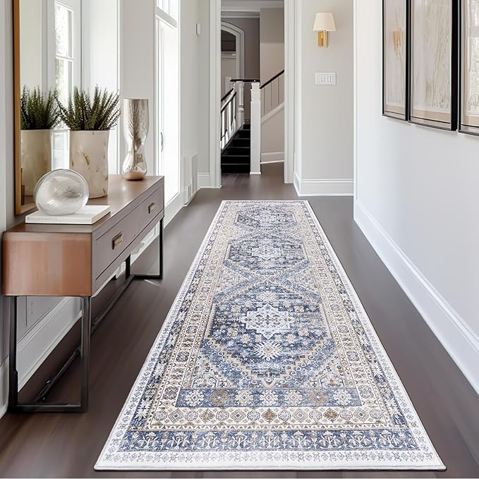 zesthome Washable Runner Rug 2.5x8 - Stain Resistant Entryway Rug,Ultra-Thin Kitchen Rugs, Anti Slip Backing Runner Rugs for Entrance Laundry Room Indoor Hallway (Blue/Beige,2.5'x8')