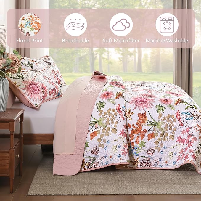 Yiran Pink Floral Quilts Queen Size, Sunflower Botanical Bedding Set | 3 Pieces - Image 6