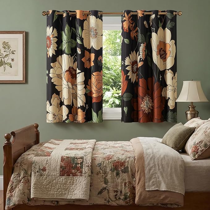 jinchan Black Boho Floral Blackout Curtains 63 Inch Grommet 2 Panels | Room - Image 2