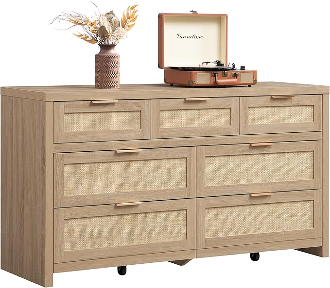 SICOTAS 7 Drawer Dresser for Bedroom, 57" Wide Rattan Dressers, Large Chest of Drawers for Bedroom, Dresser TV Stand, Boho Closet Organizer (Reclaimed Light Oak, 7 Drawers (1 pc))