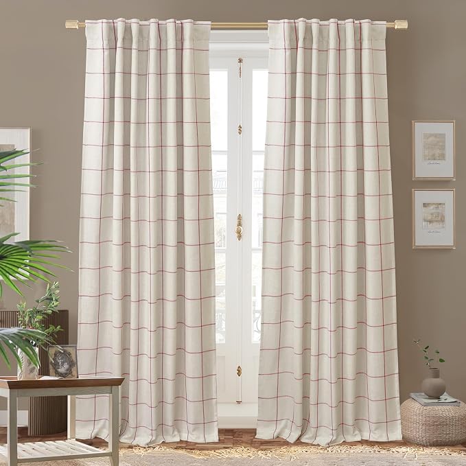 DriftAway 100% Blackout Plaid Linen Curtains 84 Inches Long 2 Panels Red | 100% by DriftAway