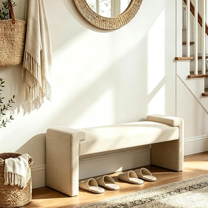 Upholstered Entryway Bench, Camel | Curved Armrests, Solid Wood Frame, End of - Image 5