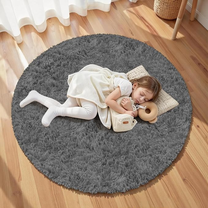 Dark Gray Round Fluffy Rug 5ft Plush Fuzzy Shaggy Carpet | Soft Rugs - Image 6