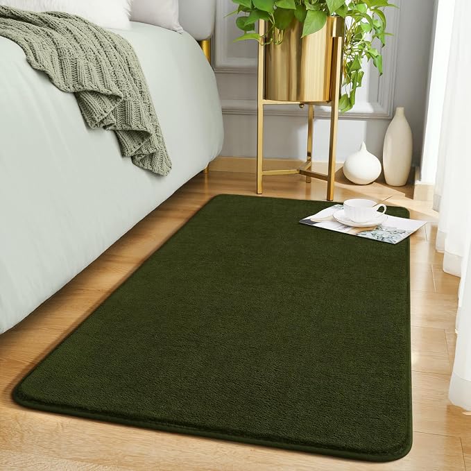 Modern Washable Runner Rugs, 2x4 Olive Green Bedroom Runner Rug | Small Area by AmeareaDirect