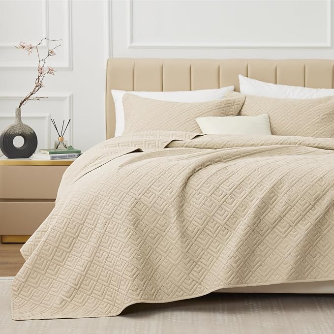 EXQ Home Twin Quilt Set Lightweight Squares Pattern Beige Bedding Set | Soft by EXQHomeTexitleCoLtd