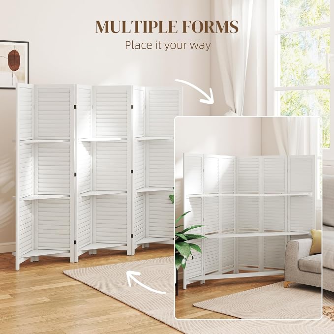 HOMCOM Room Divider with Shelves 6 Panel 67" Wood Screen White | Wood Privacy - Image 6