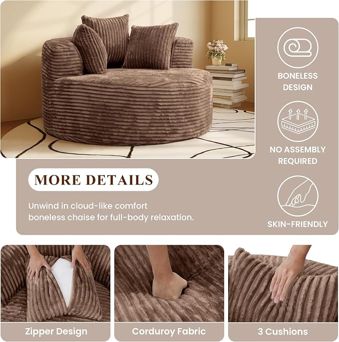 Oversized Round Chaise Lounge Chair Indoor, Modern 50-inch Upholstered Corduroy - Image 3