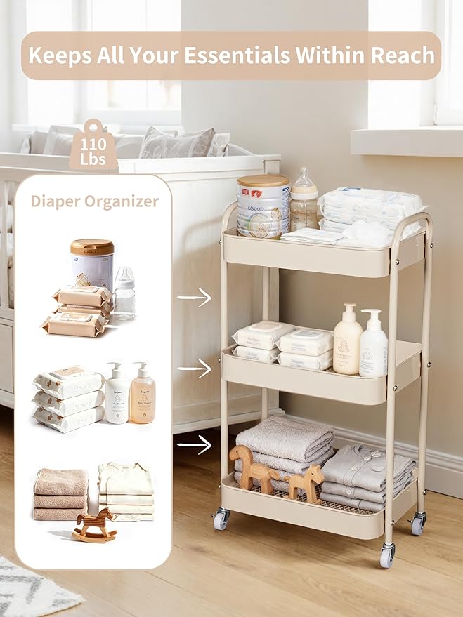Baby Diaper Caddy, 3 Tier Rolling Cart - Image 3
