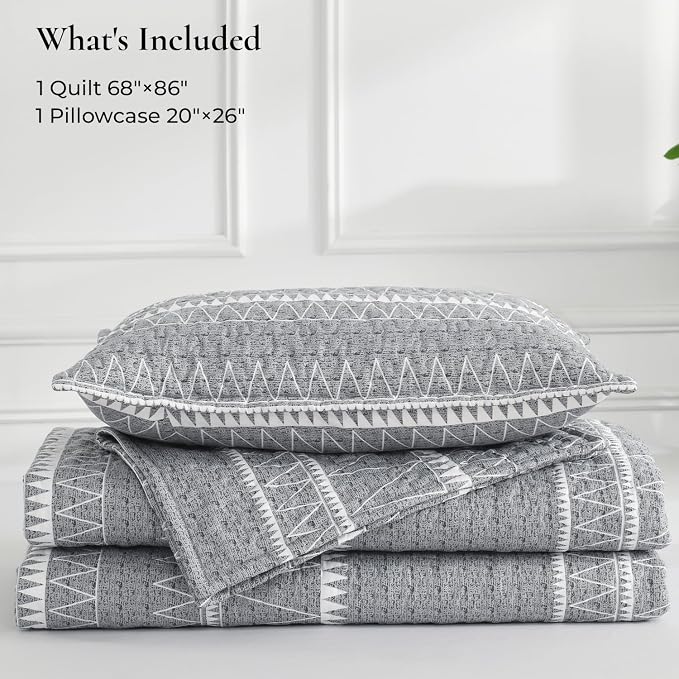 Twin Quilt Set Grey, 2 Pieces Boho Lightweight Striped Bedspread | Soft Gray - Image 7