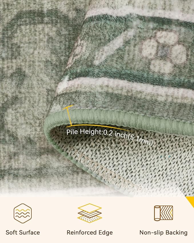 Area Rugs 8ft Washable Non-Slip, Floral Vintage Distress Print Pattern Medallion Carpet for Living Room Bedroom Dining Room, Dark Green Gray