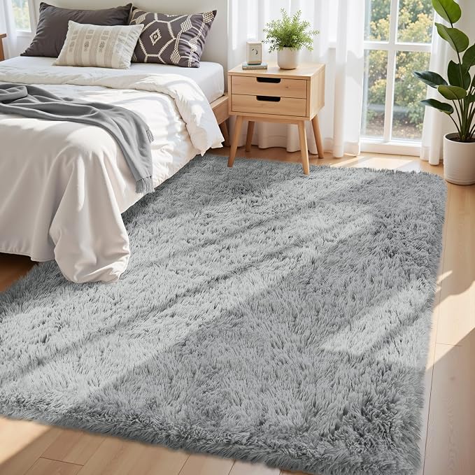 6x9 Area Rug for Living Room, Light Gray Fluffy Shag Non-Slip Bedroom Rugs | - Image 2