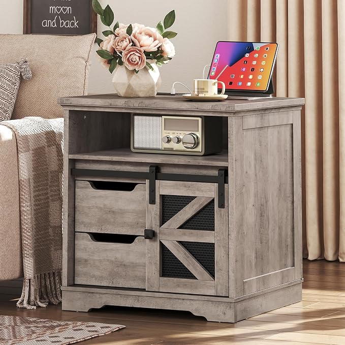 Farmhouse End Table with Charging Station, Sofa Side Table with 2 Drawers and by RALGEND