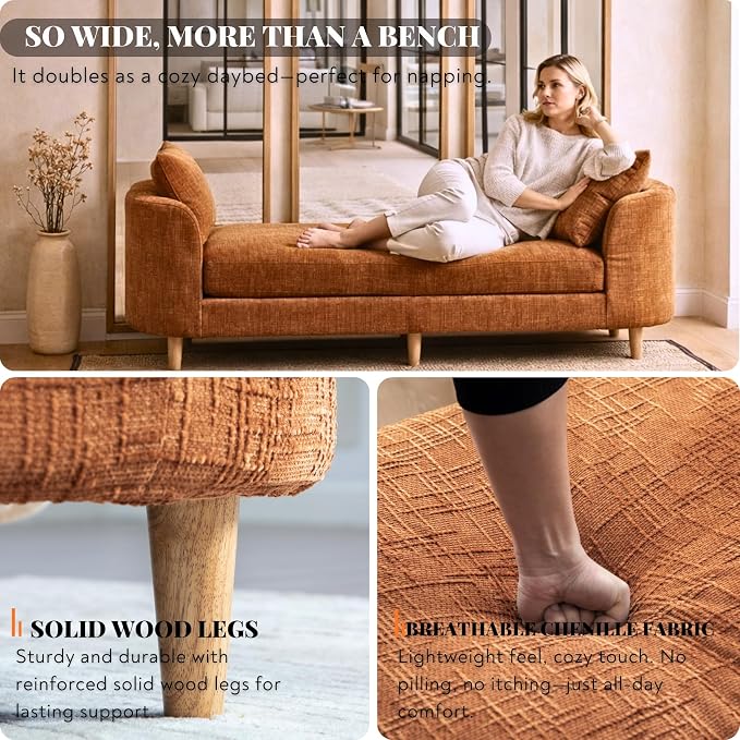 77.2" Oversized Chaise Lounge, Curved Soft End of Bed Bench - Image 4