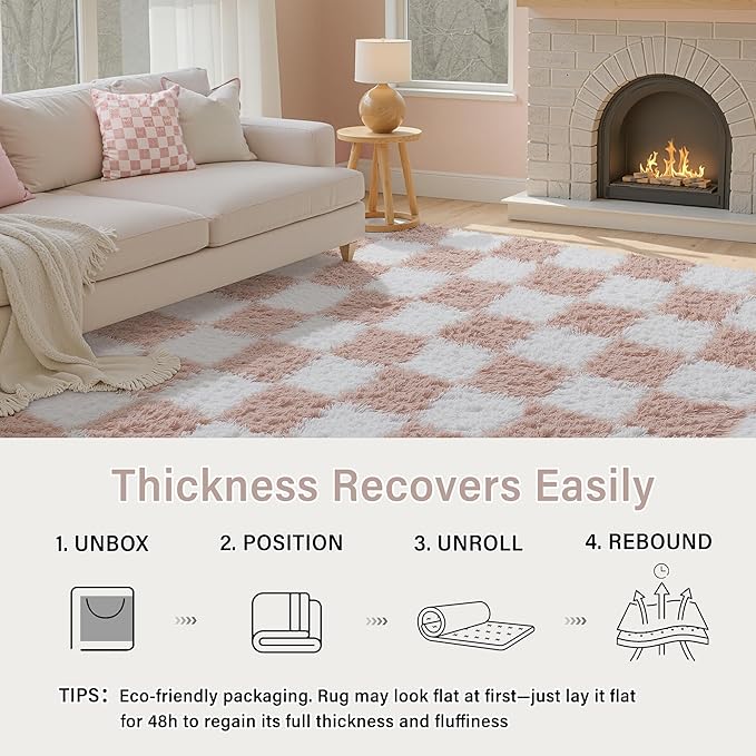 Pink Round Rug 6ft for Bedroom Soft Fluffy Checkered Shag Carpet | Machine - Image 4