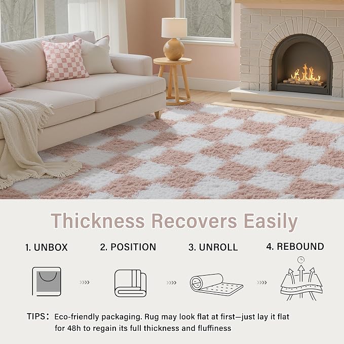 Pink Area Rug 8x10 for Living Room Soft Checkered Shag Carpet | Machine Washable - Image 5