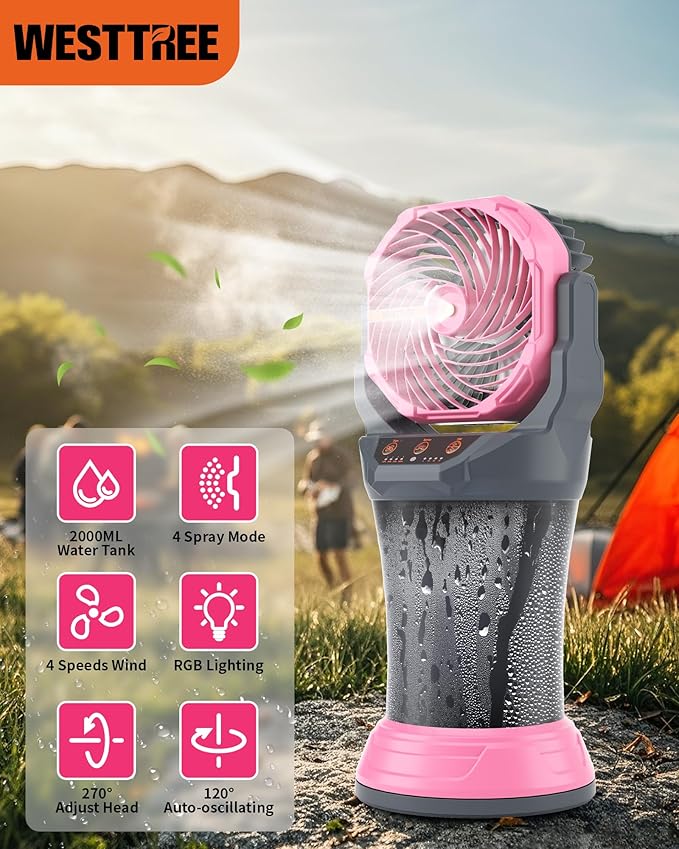 WESTTREE Portable Misting Fan with Large Battery Fan-Rechargeable Outdoor Misting Cooling Fans with 2L Water Tank,RGB Lights,4 Speeds & Spray Modes-for Patio, Camping, Beach, Workshop (Gray-Pink)