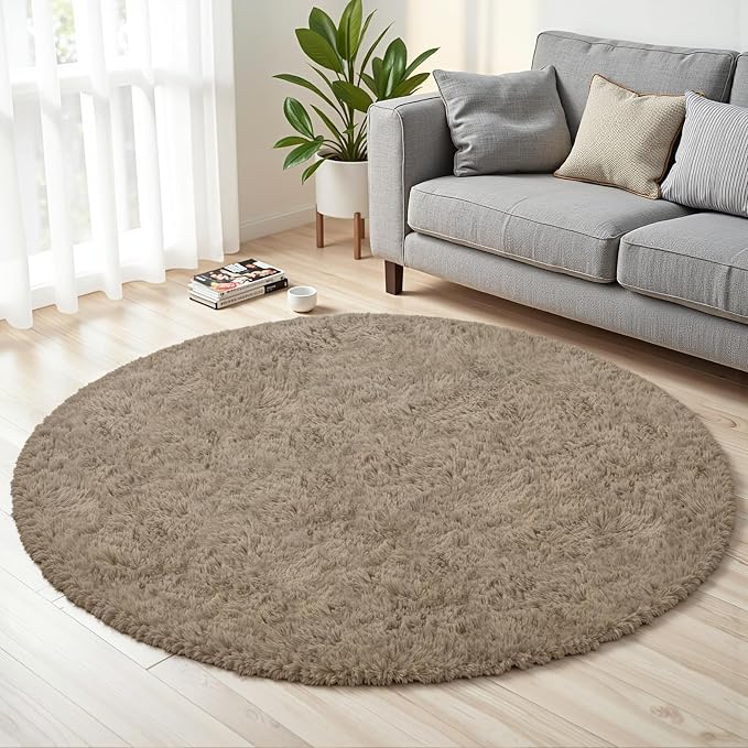 Grey Camel Round Fluffy Rug 6ft Plush Fuzzy Shaggy Carpet | Soft Rugs by Unknown