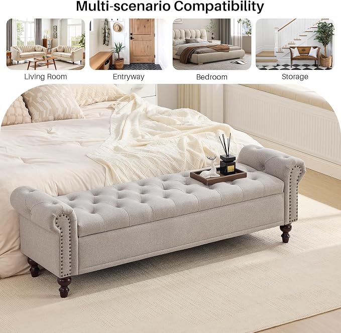 SOFTHION 67" Storage Bench for Bedroom, Linen Upholstered, Light Brown | King - Image 8