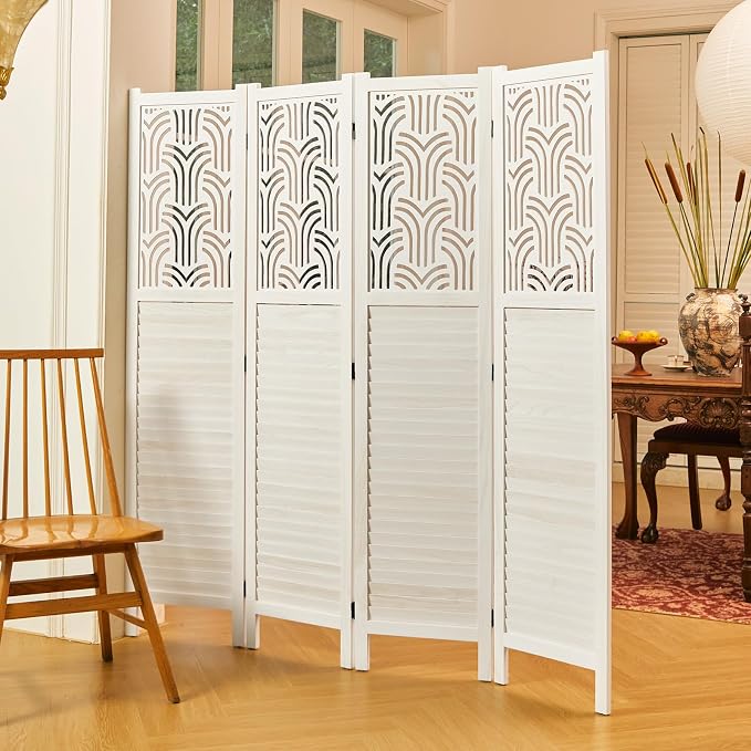 Svimi Folding Room Divider, 66.9 Inch 4 Panels Wood Carved Privacy Screens - Image 2